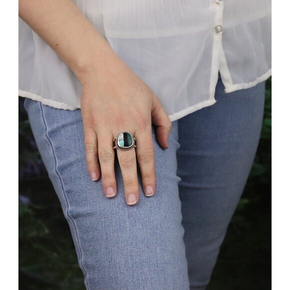 Sterling Silver Turquoise Abalone Onyx Malachite Ring Size 10 1/2 - Picture 4 of 7